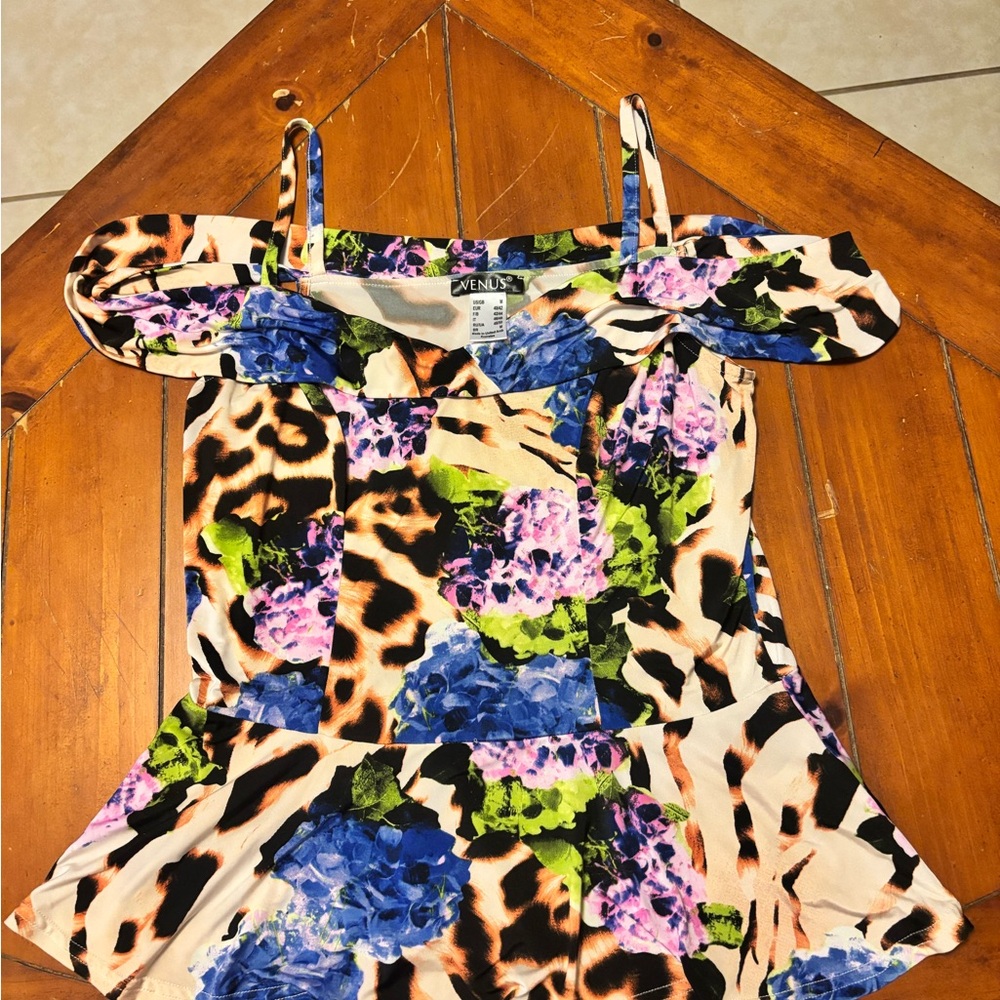 VENUS Floral & Leopard Cold-Shoulder Camisole - Blue, Pink, Green